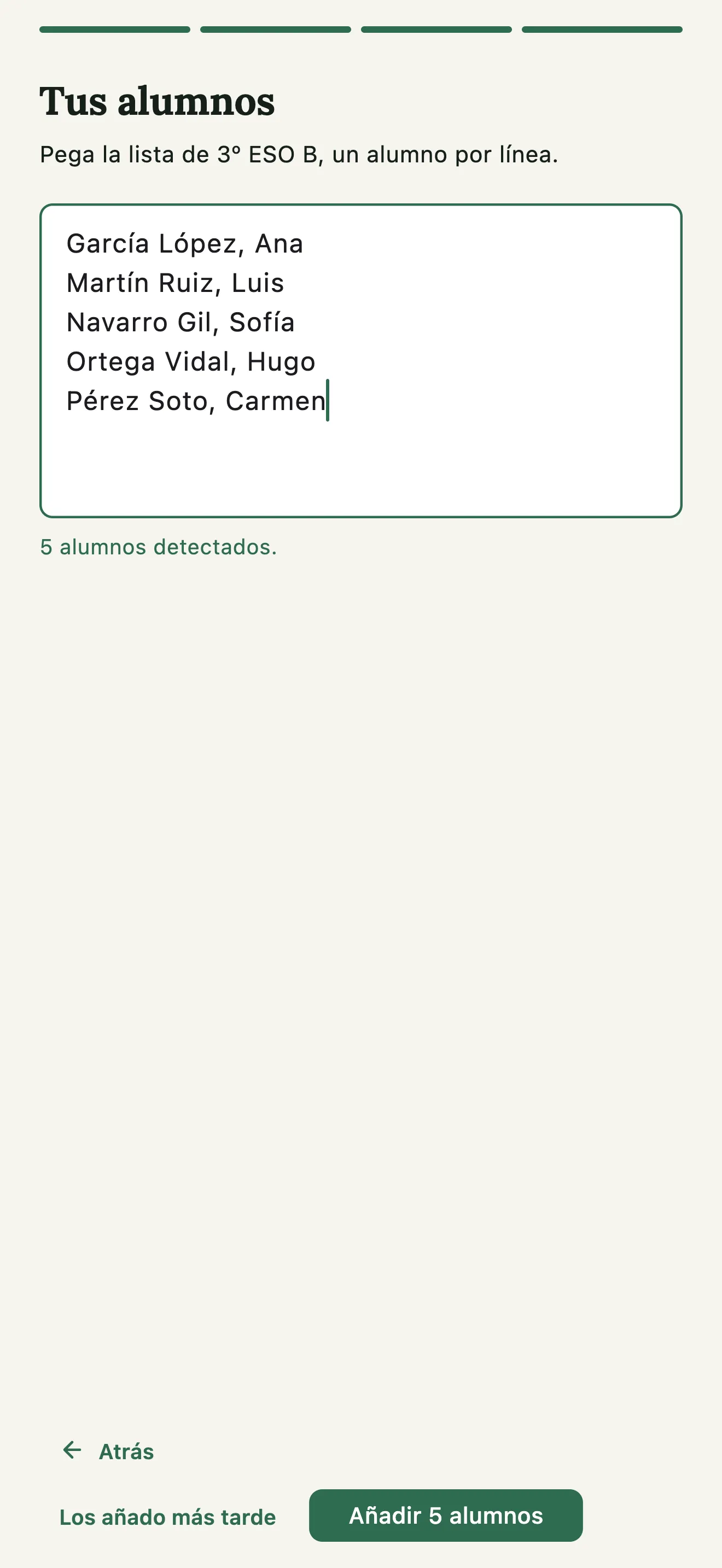 Asistente de primer uso: pega la lista de clase