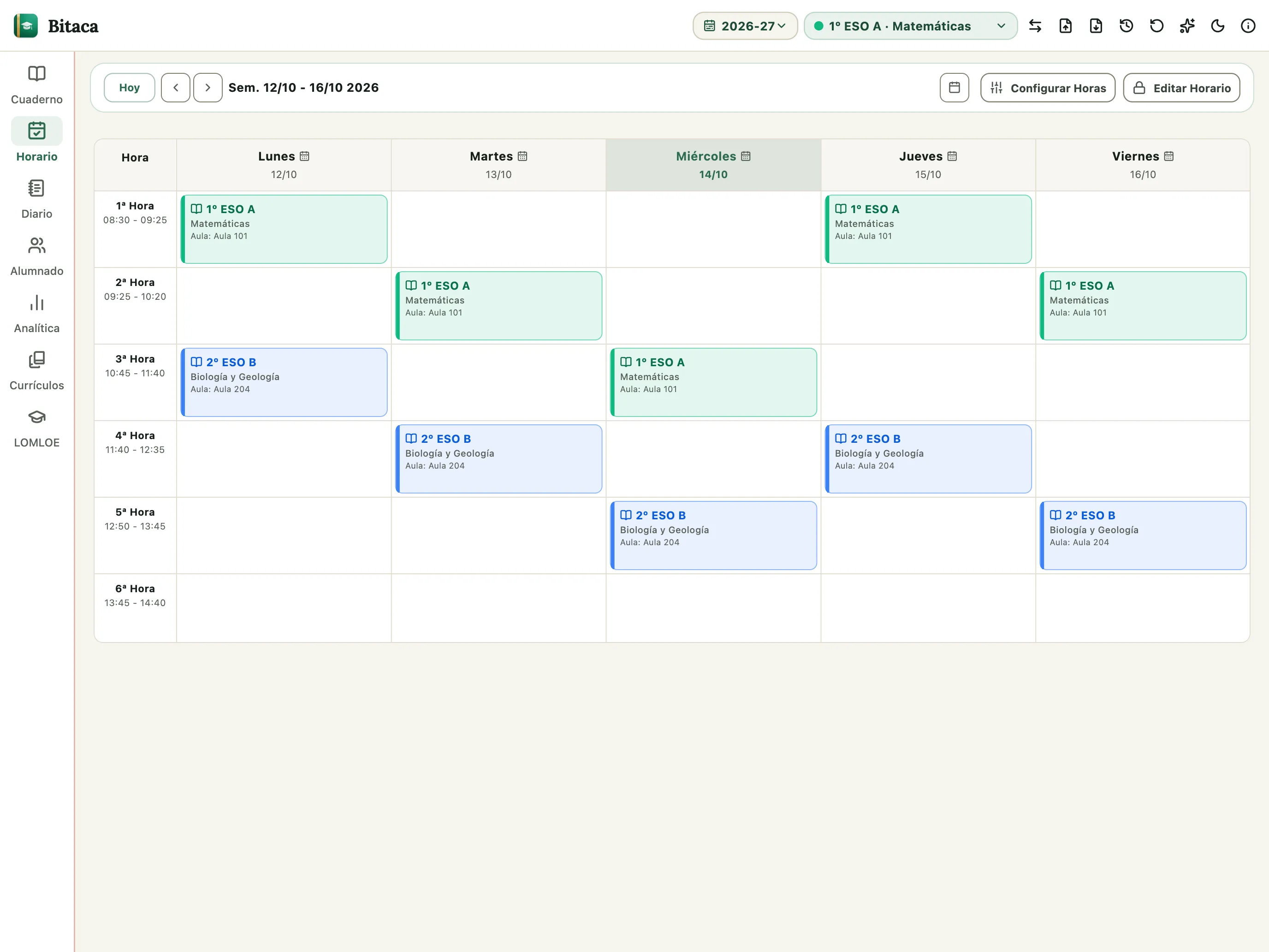 Horario semanal con las clases de cada grupo